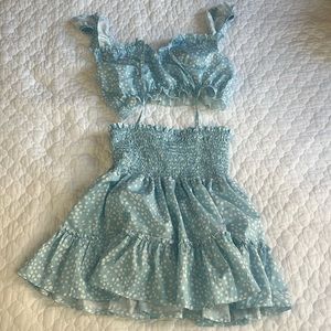 Light blue polka dot top and skirt set